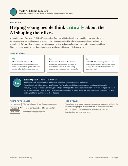 Preview of the Youth AI Literacy Pathways one-pager document