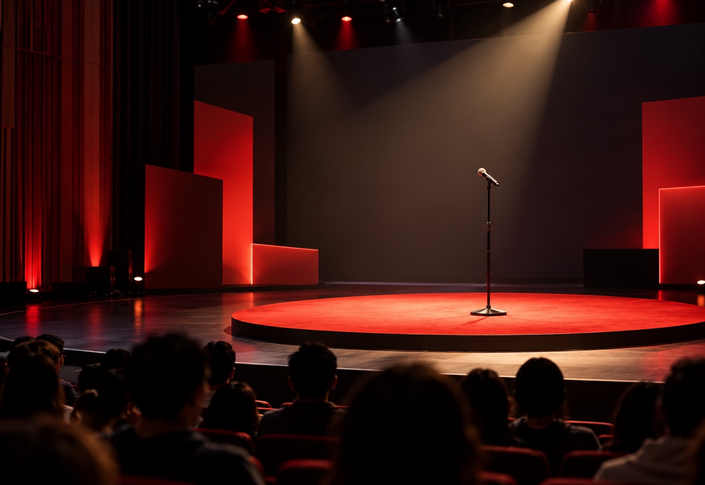 Red-lit youth ideas conference stage with a microphone ready for a speaker
